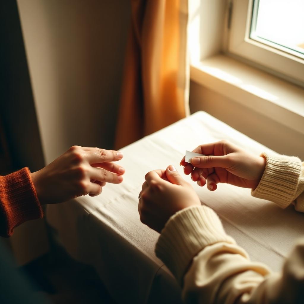 Two people exchanging a conversation card across a warmly lit table
